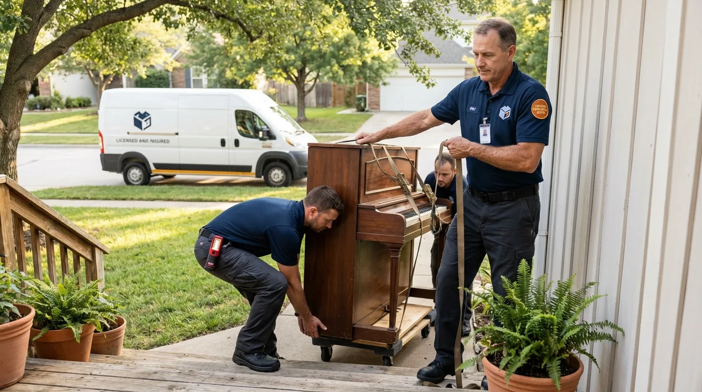 Licensed piano movers securing grand piano in Glen Allen, VA