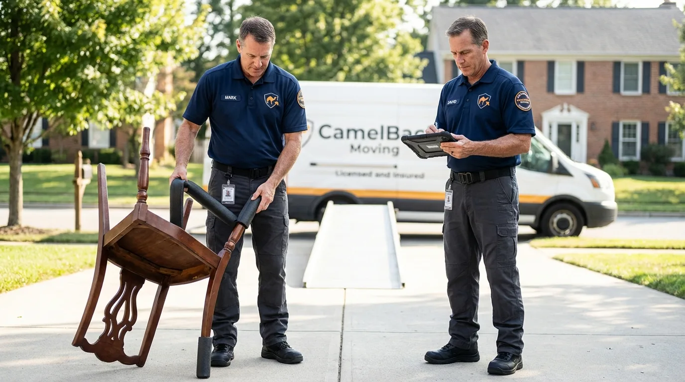 Movers inspecting furniture for damage prevention before loading in Glen Allen, VA